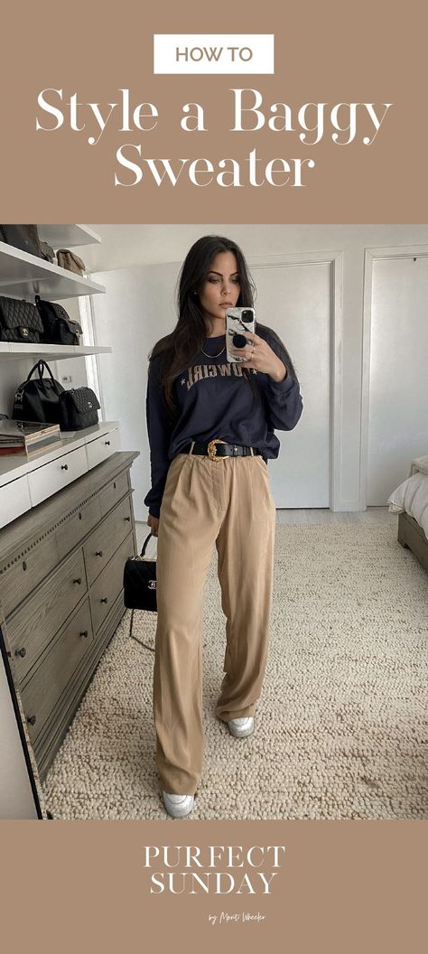 Baggy Sweater Work Outfit, Styling Baggy Sweaters, How To Style Baggy Sweaters, Baggy Slacks Outfit, Oversized Crew Neck Sweatshirt Outfit, How To Style An Oversized Sweater, Loose Sweatshirt Outfit, Baggy Jumper Outfit, Classic Women Outfit