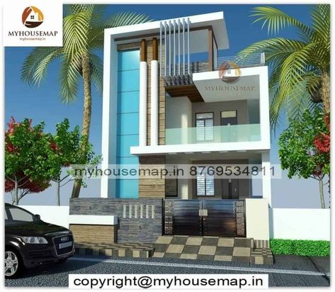 house front elevation designs for double floor 3d Front Elevation, Home Map Design, House Front Elevation, Double Story House, Single Floor House Design, Color Tiles, Two Wheeler, 2bhk House Plan, Glass Balcony