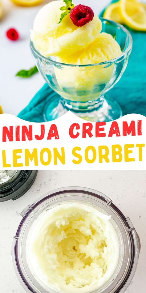 Spring and summer just aren’t complete without delicious frozen treats, and this Ninja CREAMi lemon sorbet is the perfect way to cool off. With its smooth and creamy texture, it has a wonderfully refreshing flavor that is great for beating the heat! This easy-to-make twist on classic sorbet will have your family begging for more. Blueberry Lemon Sorbet Ninja Creami, Ninja Creami Lime Sorbet, Lemon Sorbet Recipe Ice Cream Maker, Sorbet Recipes Ninja Creami, Ninja Creami Lemon Sorbet Recipes, Creami Sorbet Recipe, Lemon Sorbet Ninja Creami, Ninja Creami Sorbet Recipes Frozen Fruit, Ninja Creami Recipes Sorbet