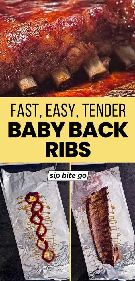 Here’s the best way to BBQ ribs without a grill… This is my go-to recipe for BBQ baby back ribs in the oven… They bake in about 2 hours and are tender and fall-off-the-bone. It’s a great beginner home cooking recipe…. | sipbitego.com Oven Baked Baby Back Ribs Recipes, Oven Baby Back Ribs Recipes, Baby Back Ribs In Oven Fall Off The Bone, Fall Off The Bone Ribs In The Oven, How To Cook Ribs In The Oven, Pork Back Ribs Oven, Baby Back Ribs On Grill, Baby Back Ribs In Oven, Bbq Ribs In The Oven