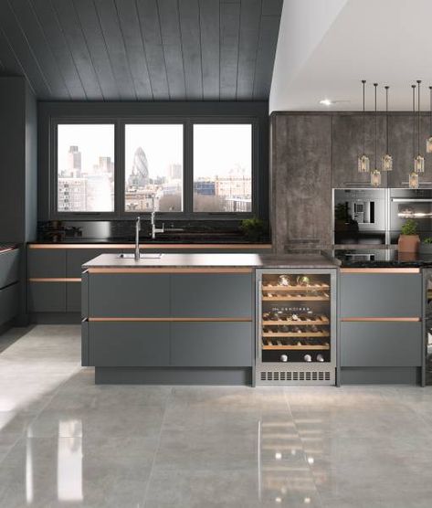 Milano Contour Kitchen in Castle Rock Modern Shaker Kitchen, Wren Kitchens, Drinks Fridge, Modern Grey Kitchen, Kitchen Grey, Wren Kitchen, Grey Kitchen Island, Open Plan Kitchen Living Room, Kitchen Redesign