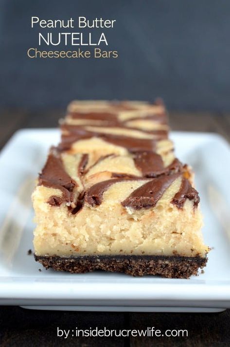 Peanut Butter Nutella Cheesecake Bars Peanut Butter Oreo Bars, Nutella Drizzle, Nutella Cheesecake Bars, Peanut Butter Cheesecake Bars, Incredible Desserts, Recipes Using Cream Cheese, Peanut Butter Nutella, Peanut Butter Oreo, Nutella Cheesecake