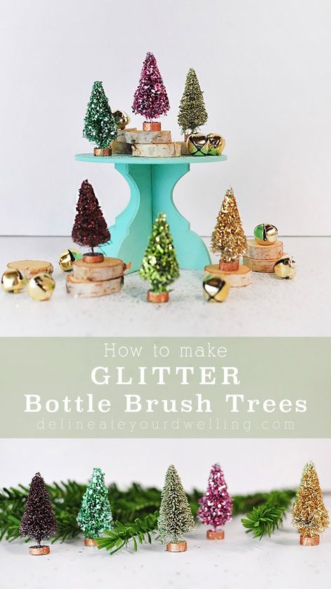 Learn how to take plain bottle brush trees and add colorful glitter to make them into gorgeous Glitter Bottle Brush Trees in just a few easy steps! The perfect craft project for the Christmas Holidays. Delineate Your Dwelling #glitterbottlebrushtrees #glittertrees Glitter Force Toys, White Glitter Background, How To Make Glitter, Mini Candy Canes, Christmas Spectacular, Glitter Bottle, Bottle Brush Christmas Trees, Decorated Bottle, Weekend Crafts