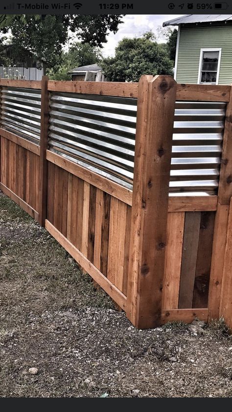 Fence Design Wood And Metal, Rustic Fence Ideas Diy, Property Privacy Fence Ideas, Corrugated Metal And Wood Fence, Corigated Metal Fence Diy, Galvanized Fence Ideas, Diy Cheap Privacy Fence, Corrugated Metal Fence Diy, Privacy Fence Ideas On A Budget