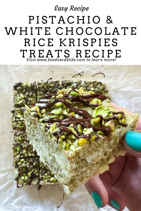 Pistachio is having such a moment right now, it’s in practically every possible food version you can think of. And quite rightly, it’s so darn delicious! I like using pistachio cream to make Pistachio and White Choc Rice Krispies Treats Bars. This recipe has plenty of pistachio cream melted with marshmallows to bind rice crispy cereal and white chocolate chunks, with then a dark chocolate drizzle and chopped pistachios to top these treats.   #pistachiocream #ricekrispietreats #ricekrispytreats Brown Butter Sea Salt Rice Krispies, Matcha Rice Krispie Treats, Pistachio Rice Krispie Treats, Pudding Rice Krispie Treats, Dulce De Leche Rice Krispie Treats, Elevated Rice Crispy Treats, Cookies And Cream Rice Krispie Treats, Rice Krispies Recipes, Fancy Rice Crispy Treats