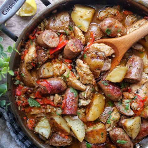 This Chicken Scarpariello with Potatoes and Sausage is tangy, spicy, and the ultimate Italian comfort food. Chicken Scarpariello Recipe, Overnight Focaccia, Potatoes And Sausage, Chicken Scarpariello, Pickled Cherries, Italian Comfort Food, Pasta Side Dishes, Pasta Sides, Sausage Potatoes