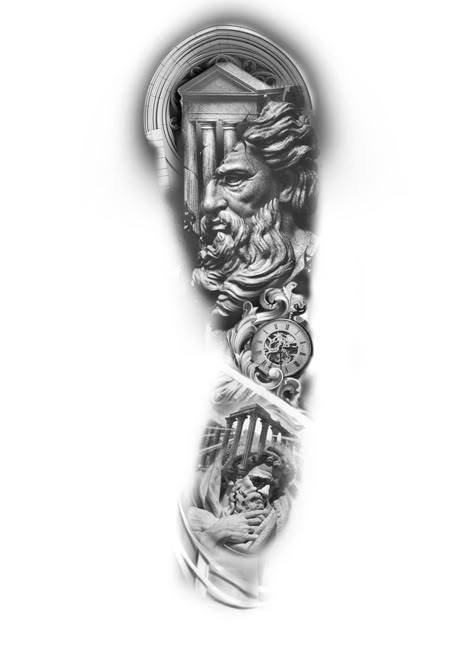 Roman Tattoo Sleeve Greek Gods, Men Roman Tattoo, Greek Mythology Buildings Tattoo, Greek Style Sleeve Tattoo, Greek Mythology Statue Tattoo, Greek Background Tattoo, Greek Monsters Tattoo, Greek Mythology Arm Sleeve Tattoo, Roman History Tattoo