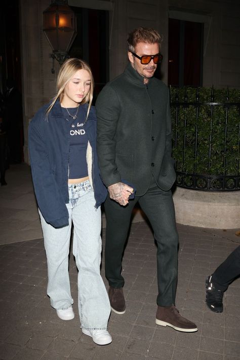 Harper Beckham, 13, parties in Paris rocking faux bob and £470 Dior necklace | HELLO! David Beckham Daughter, Harper Seven Beckham, Faux Bob, Harper Beckham, Victoria And David, Hair Tuck, David And Victoria Beckham, Dior Necklace, Golden Hair