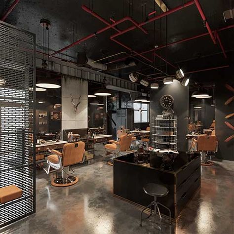 Barber Shop Design | Trusted Barber Interior Designer in UAE Industrial Barber Shop Interior Design, Luxury Barbershop, Barber Interior, Barber Shop Design, Rustic Salon, Modern Barber Shop, Barbershop Design Interior, Barbershop Ideas, Best Barber Shop