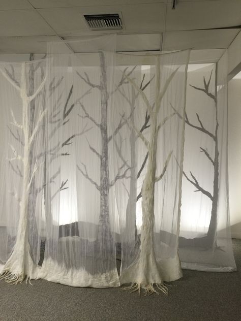 Ghost Forest, a nuno felt installation by Patti Barker 2016 Felt Art Wall, Forest Art Installation, Forest Set Design, Felt Installation, Tree Art Installation, Forest Installation, Forest Ghost, Conception Scénique, Ghost Forest