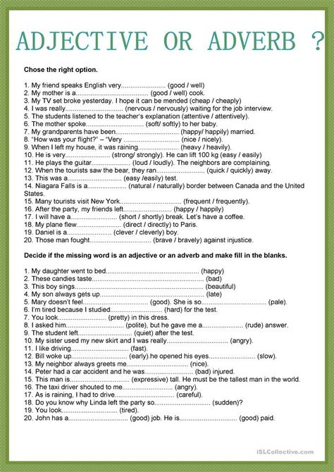 Adjective Or Adverb Worksheet, Adjective And Adverb Worksheets, Adverb Activities, Adjectives Worksheet, Teaching Adjectives, Adverbs Worksheet, English Grammar Exercises, English Adjectives, Adjective Worksheet