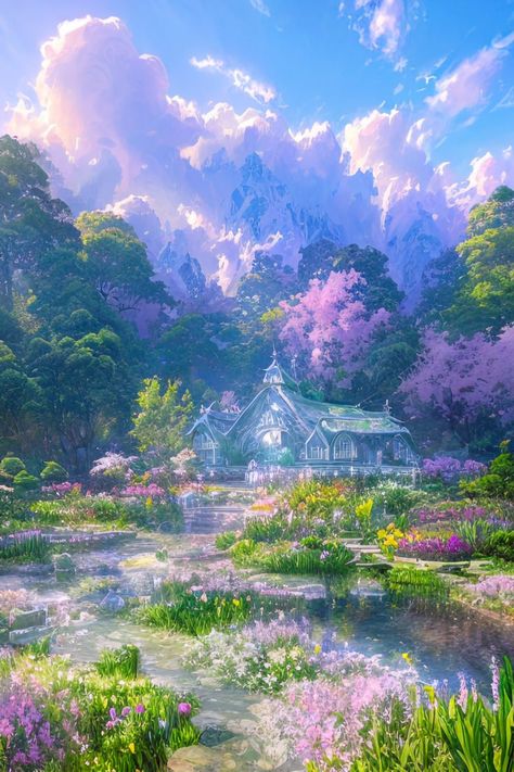 This digital artwork presents a stunning garden, teeming with vibrant white, pink, and purple flowers, encircling a tranquil pond. At the center of this wondrous garden stands a quaint house, imbued with a touch of magic, radiating an ethereal aura. Behind the house, a lush green forest stands tall and majestic, beckoning the viewer to embark on an adventure. This enchanting scene promises to captivate viewers with its alluring beauty and mysterious atmosphere. Fairy Garden Digital Art, Fairy Fantasy World, Magical Garden Fantasy Art, Purple House Aesthetic, Tree House Homes, Green Purple Aesthetic, Magic Scenery, Fairy City, Oasis Poster