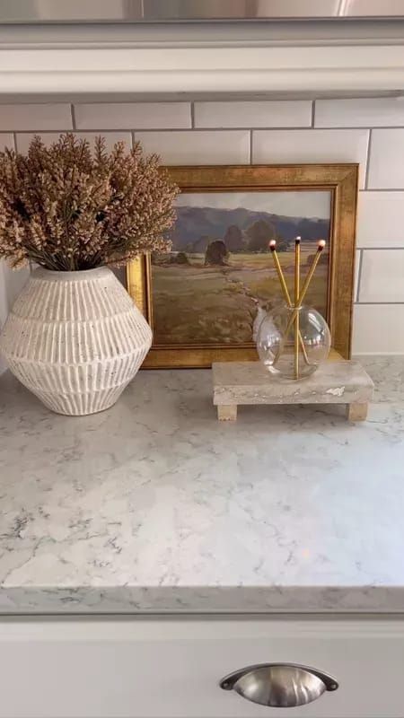 Fall Bathroom Counter Decor, Kitchen Counter Artwork, Nightstand Fall Decor, Fall Decor Subtle, Understated Fall Decor, Neutral Fall Decor 2023, Timeless Fall Decor, Vintage Kitchen Counter Decor, Organic Fall Decor