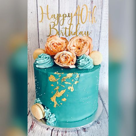 Elegant teal birthday cake with gold flakes Teal 40th Birthday Party, Turquoise Birthday Cake For Women, Teal And Gold Cake Ideas, 18th Birthday Cake Teal, Turquoise Cake Birthday Teal, Aqua Cakes Birthday, Teal Blue Birthday Party Ideas, Teal Cakes Birthday, Teal And Gold Birthday Cake