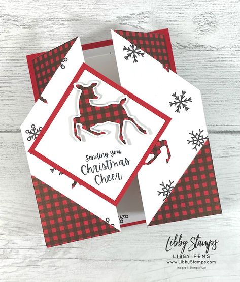 Fun Fold Fridays - Double Gate Fold - Libby Fens, Stampin' Up! Demonstrator Folded Christmas Cards, Deer Cards, Homemade Holiday Cards, Cheers Card, Scrapbook Template, It Friday, Stamped Christmas Cards, Fancy Fold Card Tutorials, Double Gate