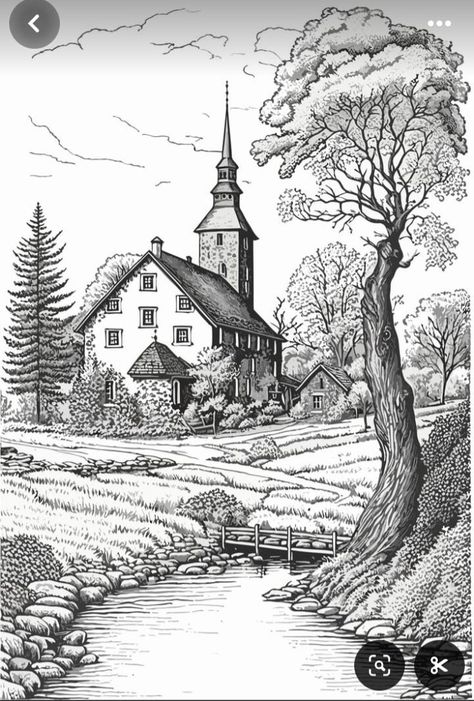 Nature Black And White Drawing, Building Landscape Drawing, Sketch Ideas Scenery, Landscape Sketch Nature Pencil Drawings, Scenery Sketch Landscapes, Nature Sketches Pencil Beautiful, Village Scene Drawing Pencil, Drawing Scenery Landscapes, Sketches Scenery