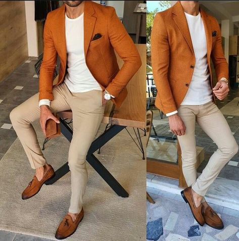 Orange Formal Outfit Men, Outfits Caballero, Orange Blazer Outfits, Khakis Outfit, Suit For Wedding, Blazer Outfits Men, Orange Suit, Mens Business Casual Outfits, Slim Fit Suit Men