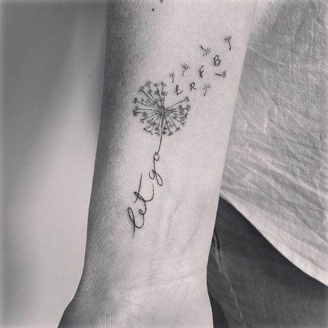 100 Dandelion Tattoo Designs for Women | Art and Design Dandelion Tattoo With Initials, Let Go Dandelion Tattoo, Let It Go Dandelion Tattoo, Blowing Dandelion Tattoo Quotes, Learn To Let Things Go Tattoo, Dandelion Wrist Tattoos For Women, Dandelion Tattoo Wrist, Let It Go Tattoos For Women, Flower Symbol Tattoo