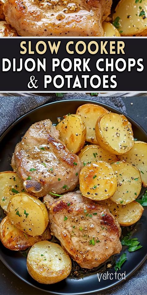 These Slow Cooker Dijon Pork Chops with tender potatoes are the perfect comfort food! Just set it and forget it! 🤩 With a tangy Dijon mustard sauce, these juicy pork chops are cooked to perfection while the potatoes absorb all the rich flavors.💛 ✨ Try this recipe today for a hassle-free, mouthwatering dinner! 📌 👉 Save this Pin for later and enjoy an easy weeknight meal that will impress everyone! 👩‍🍳👨‍🍳 #SlowCookerRecipes #PorkChops #CrockpotMeals #ComfortFood #EasyDinner Boneless Pork Chops Crock Pot, Easy Crockpot Pork Chops, Pork Chops Potatoes, Dijon Pork Chops, Slow Cooker Pork Chops Recipes, Beef Ragu Recipe, Dijon Mustard Sauce, Cooked Potatoes, Whole Grain Mustard