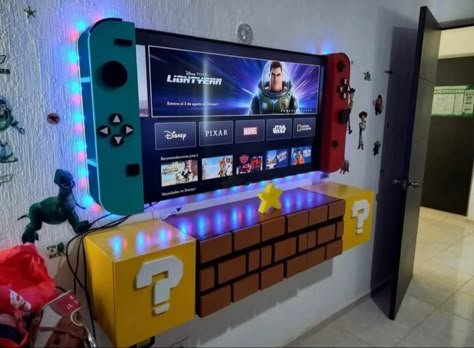 Hostel Room Makeover, Gaming Themed Bedroom, Gamer Bedroom Ideas, Nintendo Room, Gamer Room Diy, Video Game Bedroom, Mario Room, Pokemon Room, Small Game Rooms