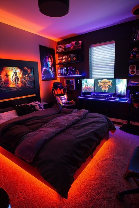 Cool Bedroom Ideas For Men, Gamer Bedroom Ideas, Bedroom Ideas Men, Gaming Bedroom Ideas, Boy's Rooms, Minimalist Bed Frame, Bedroom Ideas For Men, Gaming Bedroom, Gamer Bedroom