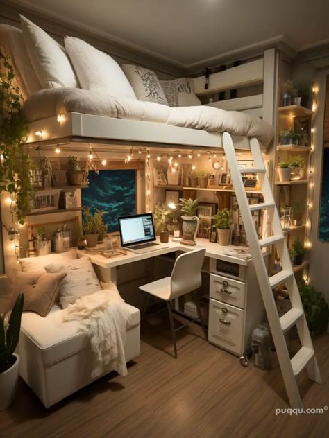 Gamer Dorm Room Ideas, Spacious Room Ideas Bedrooms, Loft Bed With Couch Under, Cute Dorm Room Ideas Lofted Beds, Dorm Study Space, Loft Bed Ideas With Desk, Bedroom Ideas With Loft Beds, Loft Bed Ideas For Small Rooms Space Saving, Anime Dorm Room