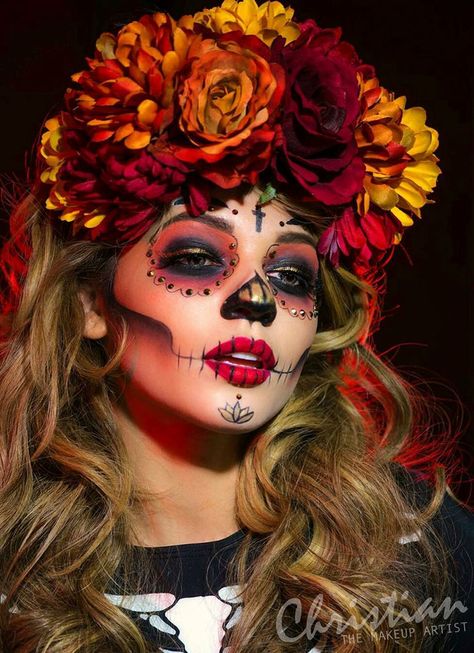 Sugar Skull Halloween Makeup, Halloween Makeup Skull, Candy Skull Makeup, Skull Halloween Makeup, Halloween Makeup Sugar Skull, Halloween Make-up Looks, Dead Makeup, Sugar Skull Halloween, Hot Halloween Outfits