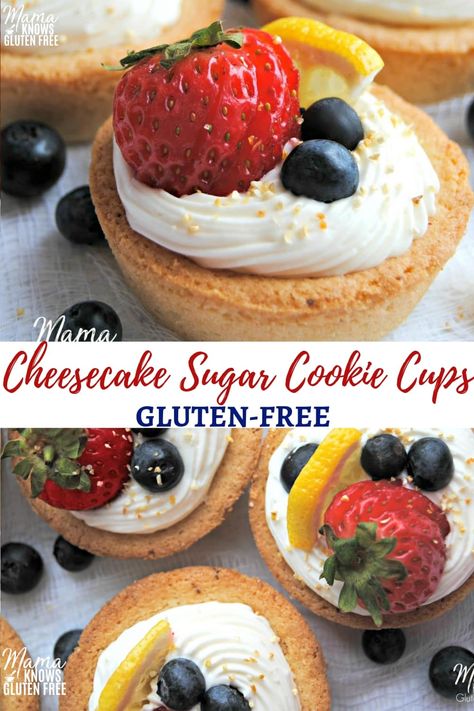 An easy gluten-free no-bake cheesecake in a sugar cookie cup. A simple, yet elegant dessert. #glutenfreerecipes #nobakecheesecake Cheesecake Sugar Cookie Cups, No Bake Cheesecake Filling, Sugar Cookie Cups, Easy No Bake Cheesecake, Gluten Free Sugar Cookies, Easy Gluten Free Desserts, Gluten Free Cheesecake, Gluten Free Donuts, Bite Size Desserts