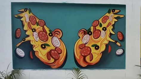 Pizza Wings Mural, Bar Graffiti Wall Murals, Pizza Mural, Selfie Point, Restaurant Mural, Food Illustration Design, Beautiful Cinematography, Restaurant Art, Pizza Art