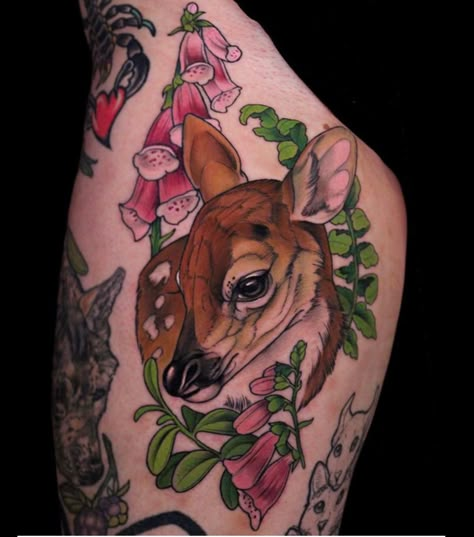 Deer Tattoo Neotraditional, Deer Tattoo Color, Neo Traditional Goat Tattoo, Neo Trad Animal Tattoo, Neotraditional Animal Tattoo, Woodsy Tattoos, Fawn Tattoo, Doe Tattoo, Winter Tattoo