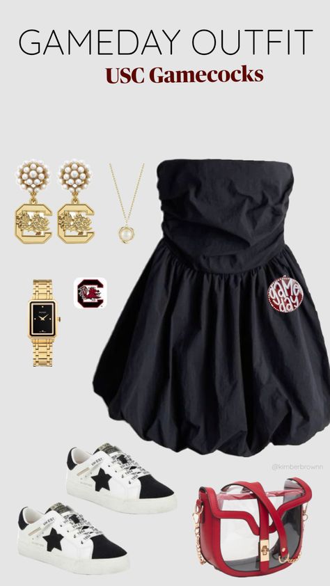 Gameday outfit inspiration for South Carolina Gamecocks 🤙🏻 #gameday #gamedayoutfit #gamecocks #usc #southcarolina #garnet #blackdress #outfit #outfitcollage Carolina Gamecocks Outfits, Gamecocks Football, College Gameday Outfits, Usc Gamecocks, College Fits, Outfit Collage, Carolina Gamecocks, South Carolina Gamecocks, Concert Fits