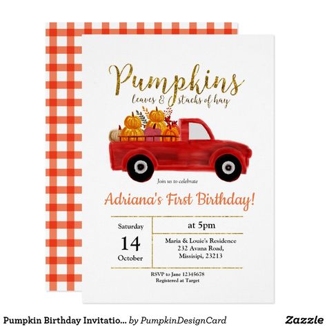 Pumpkin Birthday Invitation Pumpkin Truck card Fall Blue, Pumpkin First Birthday, Autumn Invitations, Birthday Invitations Diy, Pumpkin Birthday, Pumpkin Leaves, Pumpkin Truck, Pumpkin Party, Happy Party