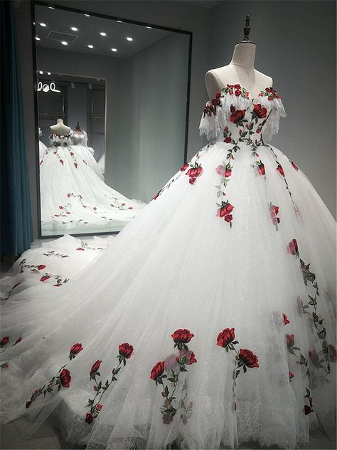 Red And White 15 Dress, Wedding Dresses With Red Roses, Dark Red And White Wedding Dress, White With Red Wedding Dress, White Rose Wedding Dress, Red Flower Wedding Dress, White Wedding Dress With Black And Red, Wedding Dresses With Red Accents, Red Floral Wedding Dress