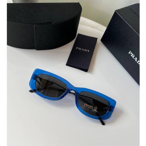 Brand New Prada Pr14ys Sunglasses In Blue. Featuring A Blue Acetate Frame With Dark Grey Lenses. Blue And Silver Metal Plaque Prada On Temples. Measures 53-19-140. 100% Authentic And Unworn. Made In Italy. Box, Case, Cloth And Paperwork Included. Retail Price $475. Prada Glasses, Gold Aviator Sunglasses, Silver Sunglasses, Sunglasses Women Oversized, Prada Accessories, Grey Sunglasses, White Sunglasses, Blue Sunglasses, Tortoise Sunglasses