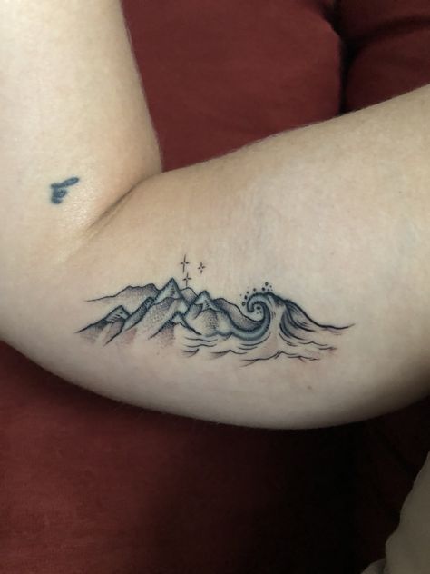 Mountain tattoo. Wave tattoo. Mountain and wave tattoo. Rock And Wave Tattoo, Mountain Cactus Ocean Tattoo, Wave And Rock Tattoo, Wave Tattoo Shoulder, Mountain And Waves Tattoo, Waves Tattoo Ideas, Mountain And Wave Tattoo, Mountain And Ocean Tattoo, Ty Tattoo