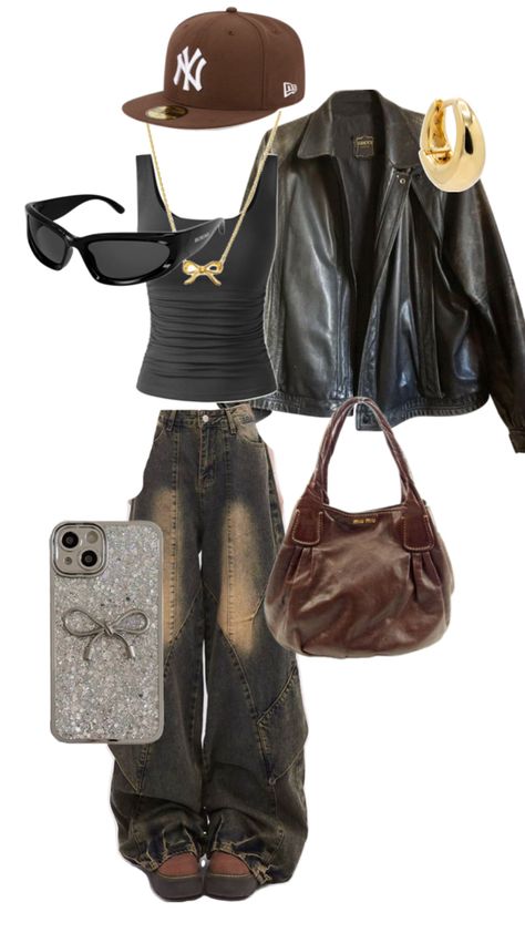 baggy dark jeans , brown bag , cute bow phone case , black tank , black leather jacket , brown New York hat , black sunglasses and gold earring n necklace Dark Jeans Outfit, Brown Leather Jacket Outfit, N Necklace, New York Hat, Dark Brown Leather Jacket, Bow Phone Case, Off Duty Model, Leather Jacket Brown, Baggy Jeans Outfit