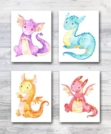 Toddler Artwork, Ocean Nursery Decor, Baby Boy Nursery Art, Dragon Nursery, Decor For Nursery, Wall Art Set Of 4, Blue Nursery Decor, Nursery Art Decor, Yellow Dragon