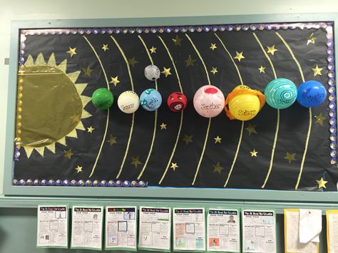 Bulletin board- balloon planets Astronomy Bulletin Board, Earth And Space Display Ks2, Space Bulletin Board Ideas Solar System, Universe Bulletin Board, Planets Bulletin Board, Space Bulletin Board Ideas, Solar System Bulletin Board, 3d Paper Mache, Balloon Planets