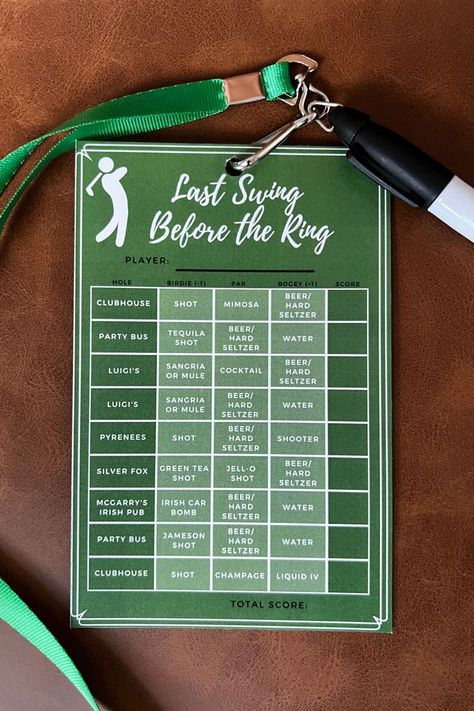 "Last Swing Before the Ring" bar golf. Perfect for Birthday parties, bachelorette parties, or just any gathering that involve a bar crawl. This scorecard is located in Bakersfield, CA for a co-ed bach party. Golf Scorecard Wedding, Masters Golf Party Games, Golf 21st Birthday, Golf Themed Bar Crawl, Golf Theme Hen Party, Golfing Bachelorette Party, Bar Golf Scorecard, Bachelor Golf Party, Golf Themed Games