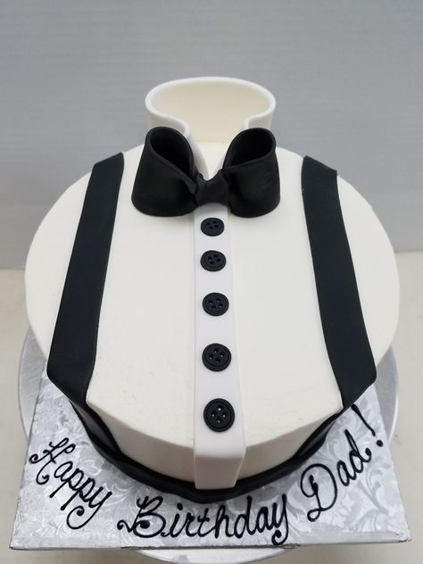 Tuxedo birthday cake, iced in buttercream with fondant straps, buttons, bow tie, and collar Bow Tie Cake, Cake Design For Men, Baby Boy Birthday Cake, Birthday Cake For Husband, Cake For Husband, Shirt Cake, Mini Torte, Bow Cakes, Beautiful Cake Designs