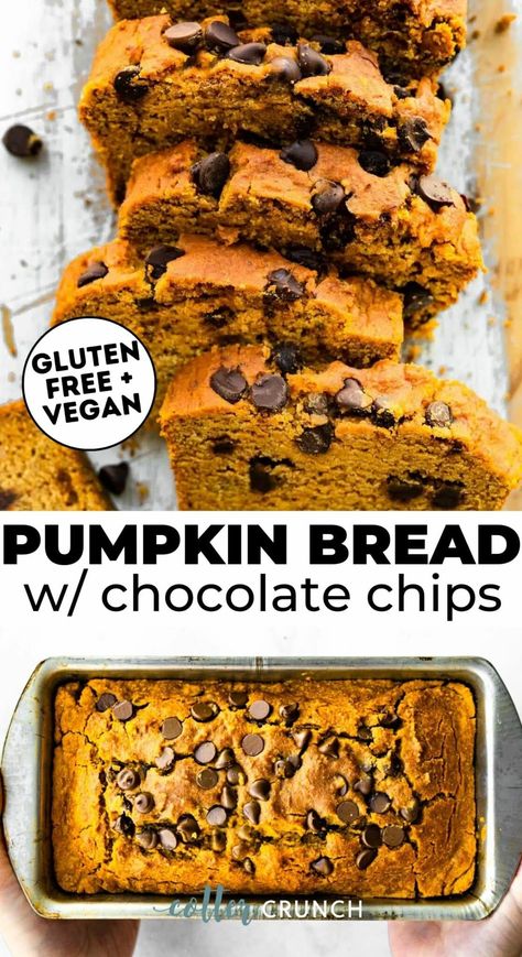 Vegan Gluten Free Pumpkin Dessert Recipes, Dairy Free Pumpkin Chocolate Chip Bread, Pumpkin Bread Healthy Gluten Free, Vegan Chocolate Chip Pumpkin Bread, Vegan Gf Pumpkin Bread, Dairy Free Pumpkin Loaf, Gluten Free Fall Bread, Vegan Pumpkin Chocolate Chip Bread, Fall Desserts Gluten Free Dairy Free