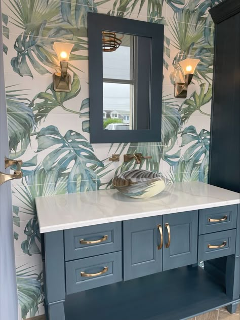 Tropicana 10x24 Flora Mural by Urban Coast Tile Palm Tree Tiles Bathroom, Coastal Small Bathroom Ideas, Caribbean Interior Design, Carribean Style, Small Coastal Bathroom Ideas, Beachy Bungalow, Small Coastal Bathroom, Small Bathroom Trends, Tropical Bathroom Decor