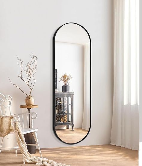 Amazon.com: Niccy Oval Full Length Mirror, 65"x22" Wall-Mounted Floor Mirror with Exquisite Metal Frame, HD Shatter-Proof Silver Mirror Decorative Vanity Mirror for Bedroom Living Room Cloakroom, Black : Home & Kitchen Wall Mounted Mirror Bedrooms, Mirror For Bedroom Ideas, Black Wall With Mirror, Vanity With Full Length Mirror, Full Mirror Design, Bedroom Wall Mirror Ideas, Kitchen Mirror Ideas, Full Length Mirror Ideas, Standalone Mirror