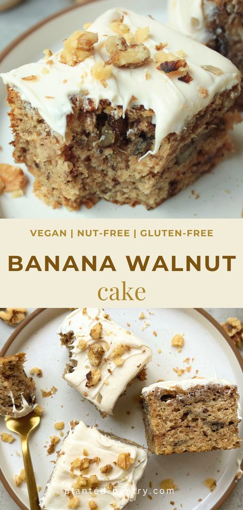 This is the absolute BEST Vegan Banana Walnut Cake. Moist, fluffy, and perfectly sweet. Cranberry Treats, Walnut Dessert, Banana Walnut Cake, Banana Walnut, Moist Banana Bread, Vegan Cake Recipes, Gluten Free Banana, Walnut Cake, Special Desserts