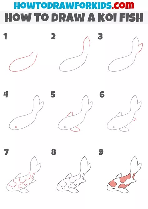 How to Draw a Koi Fish - Easy Drawing Tutorial For Kids How To Draw Koi Fish Step By Step Easy, How To Draw Coy Fish, Koi Fish How To Draw, How To Draw A Coy Fish, Coy Fish Doodle, Koy Fish Drawings Easy, Easy Koi Fish Drawing, Koi Fish Drawing Step By Step, Koy Fish Draw