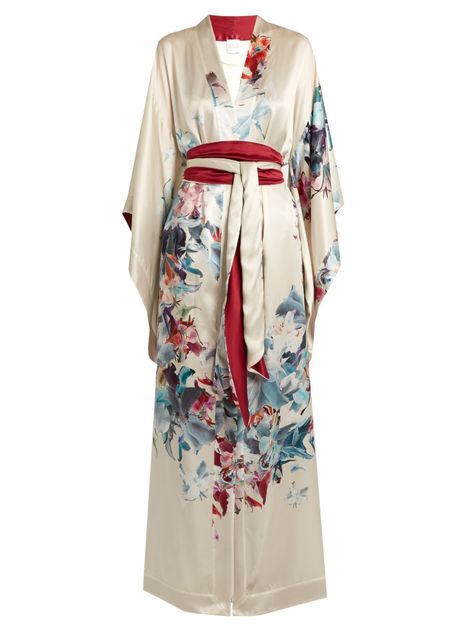 Carine Gilson Wonderland silk robe with red & blue floral pattern, £1,295 (~$1,576 / ~1,476€) Pretty Robes, Carine Gilson, Luxury Robes, Modern Kimono, Kimono Dressing Gown, Bath Robes, Kimono Outfit, Kimono Design, Kimono Style