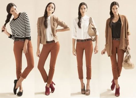 Ideas for styling my rust jeans, might try with cream silk shirt, blazer, chocolate ankle boots and leopard print belt. Orange Pants Outfit, Rust Jeans, Colored Pants Outfits, Pants Outfit Work, Teaching Outfits, Outfit Mujer, Brown Pants, Colored Pants, Daily Style