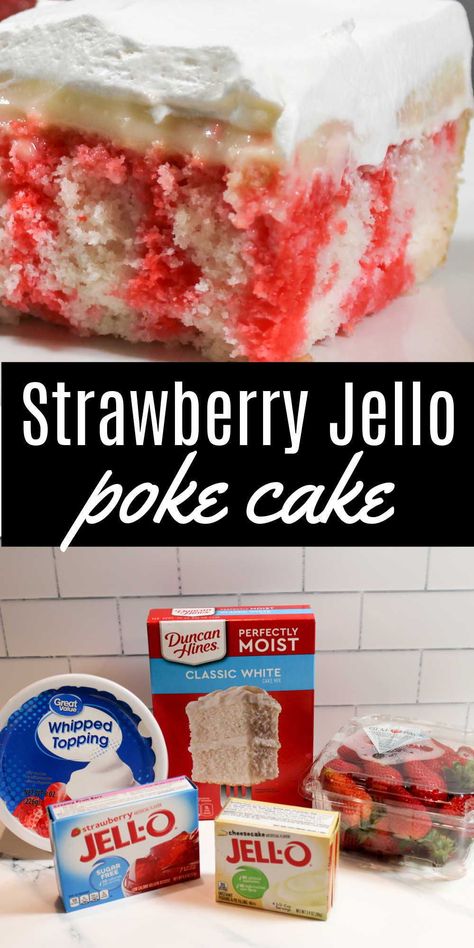 Strawberry Cheesecake Poke Cake, Strawberry Jello Poke Cake, Cheesecake Poke Cake, Jello Cake Recipes, Jello Poke Cake, Poke Cake Jello, Strawberry Poke Cakes, Dessert Oreo, Jello Cake