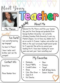 Perfect for open house, back to school, or meet the teacher night! This document  includes 8 colorful "Meet your Teacher" templates and can be used in 2 ways:*Can be printed as a PDF *Can be edited using Powerpoint Each template has a different font but uses the same fun bright colors! If you don't have PowerPoint you can upload the file to Google Drive and you will be able to open and edit it there. Open House Back To School, Meet Your Teacher, Meet The Teacher Night, Georgia Southern University, Teacher Templates, Back To School Night, Georgia Southern, School Night, Meet The Teacher