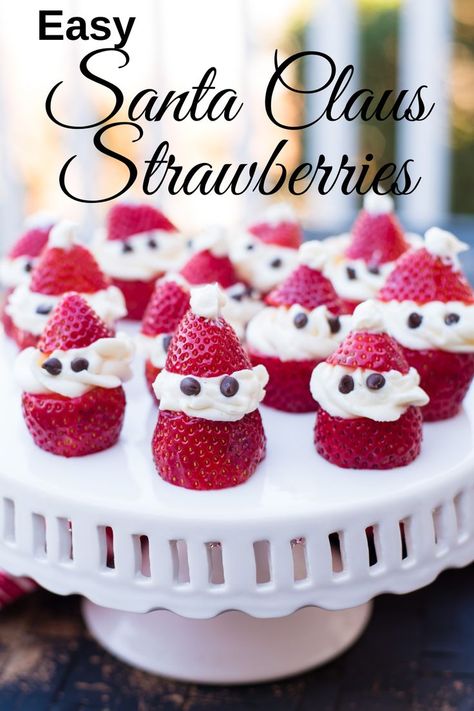 Santa Claus Strawberries on a white tray Santa Recipes, Strawberry Santas, Cheesecake Strawberry, Christmas Cheesecake, No Bake Recipe, Dairy Free Cream Cheese, Healthy Cheesecake, Easy Christmas Treats, Strawberry Topping